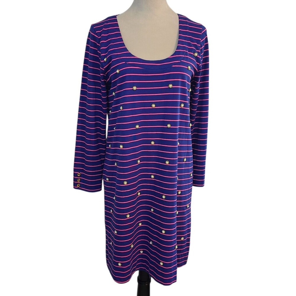 LILLY PULITZER Merrit Dress True Blue Palm Stripe Sz M Pink Beaded 3/4 Sleeve